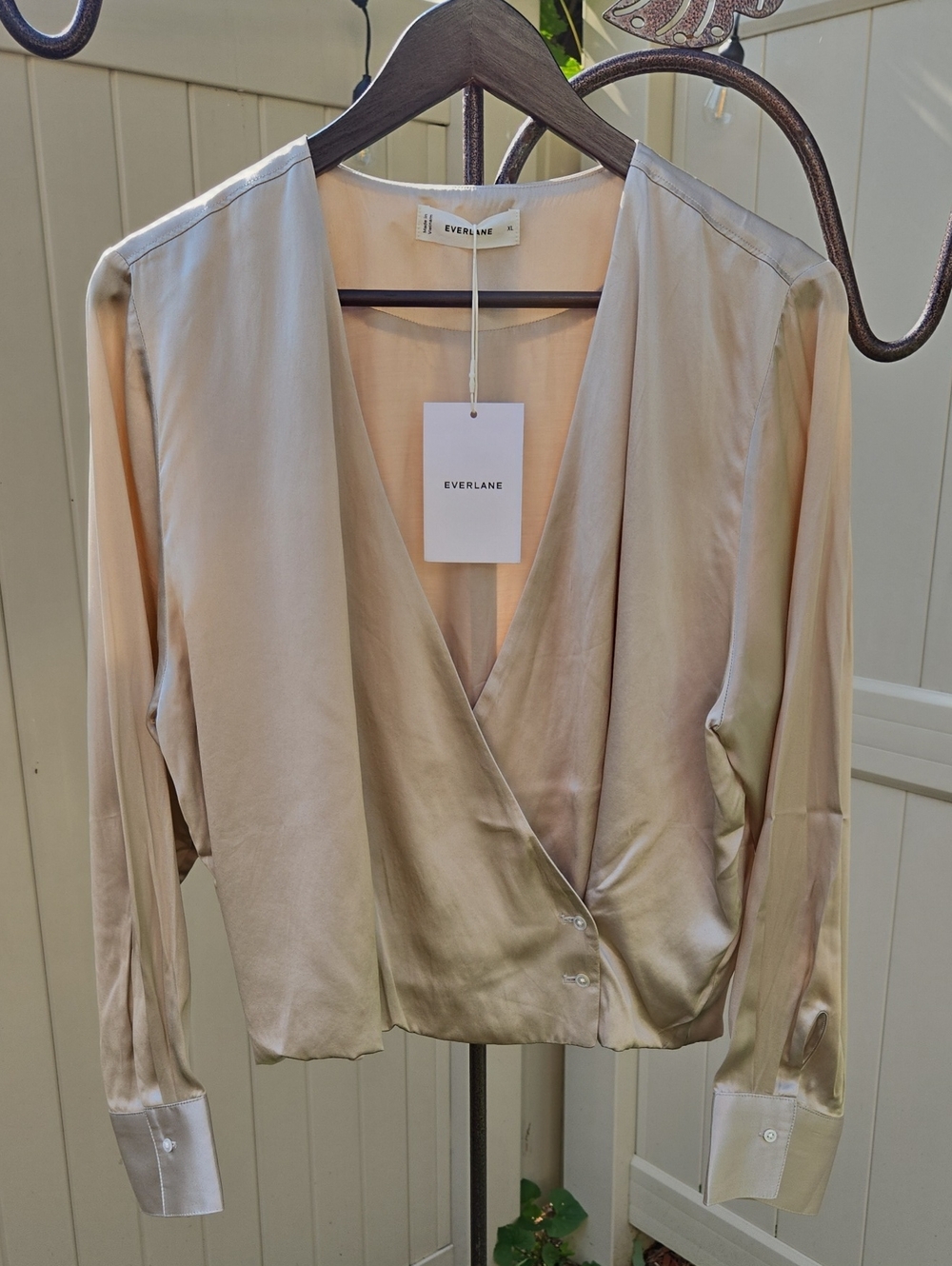 Everlane Silk Wrap Top in Champagne Beige